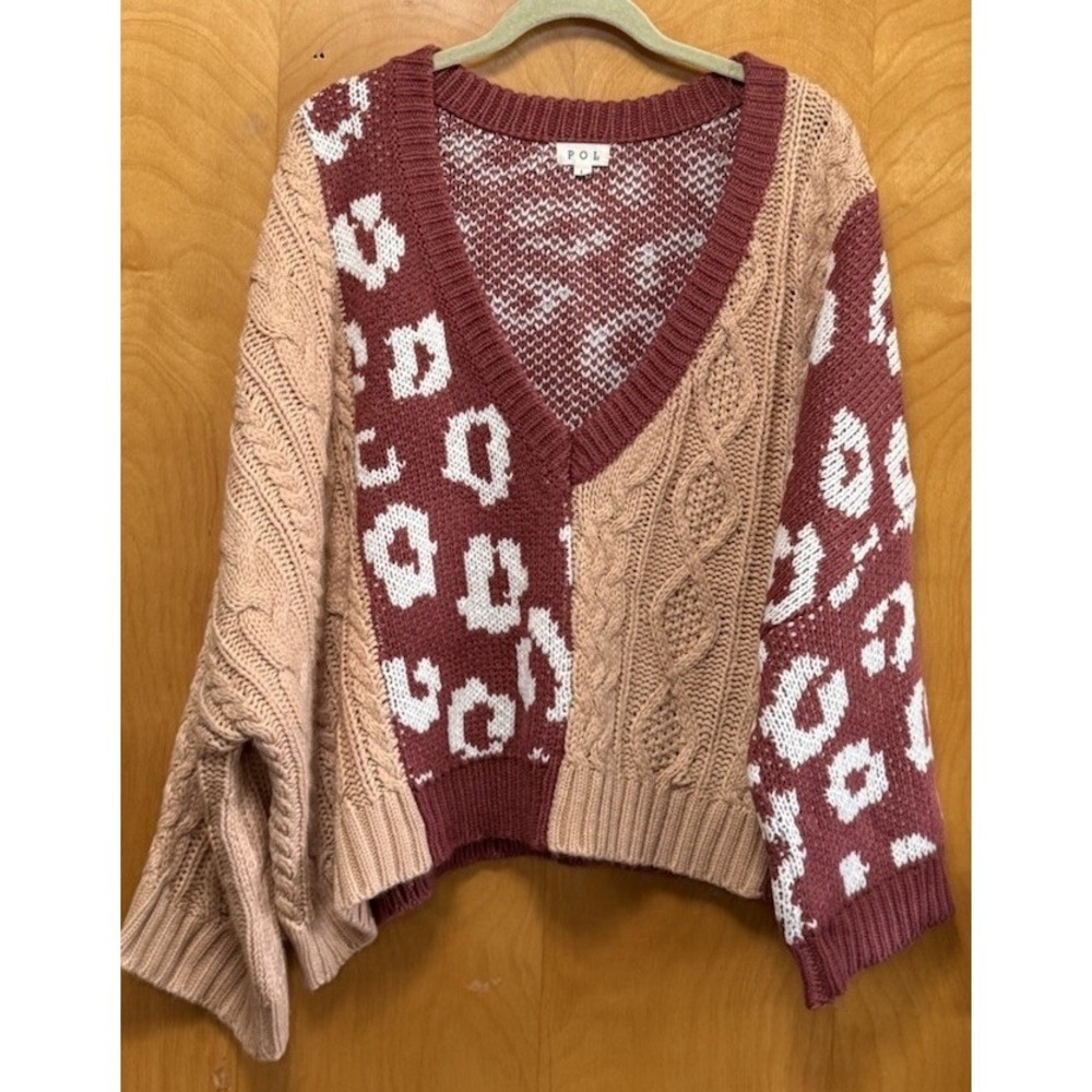 POL Leopard Cable Knit Deep V Neck Chunky Oversized Knit Sweeter Boxy Sz L - Picture 2 of 13